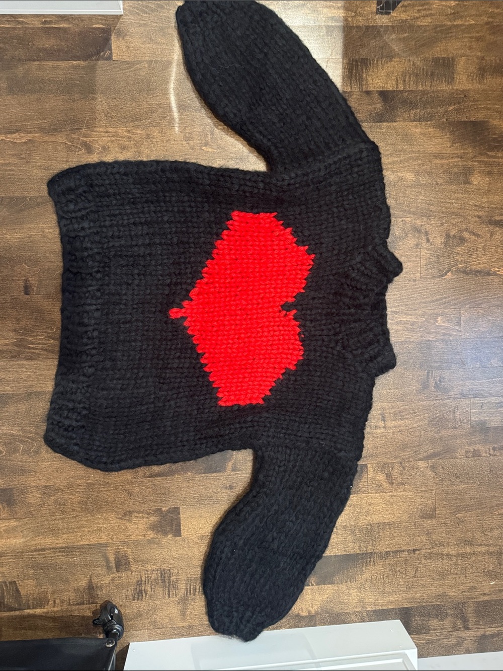 Black Chunky Knit Sweater with Red Heart Motif